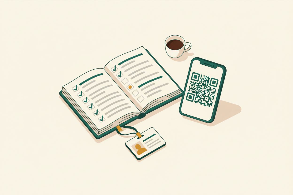 Cartoon illustration of the Hudur attendance register with green checkmarks, a QR card and a phone