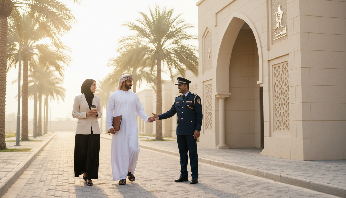 Staff members arriving at the office entrance in the morning