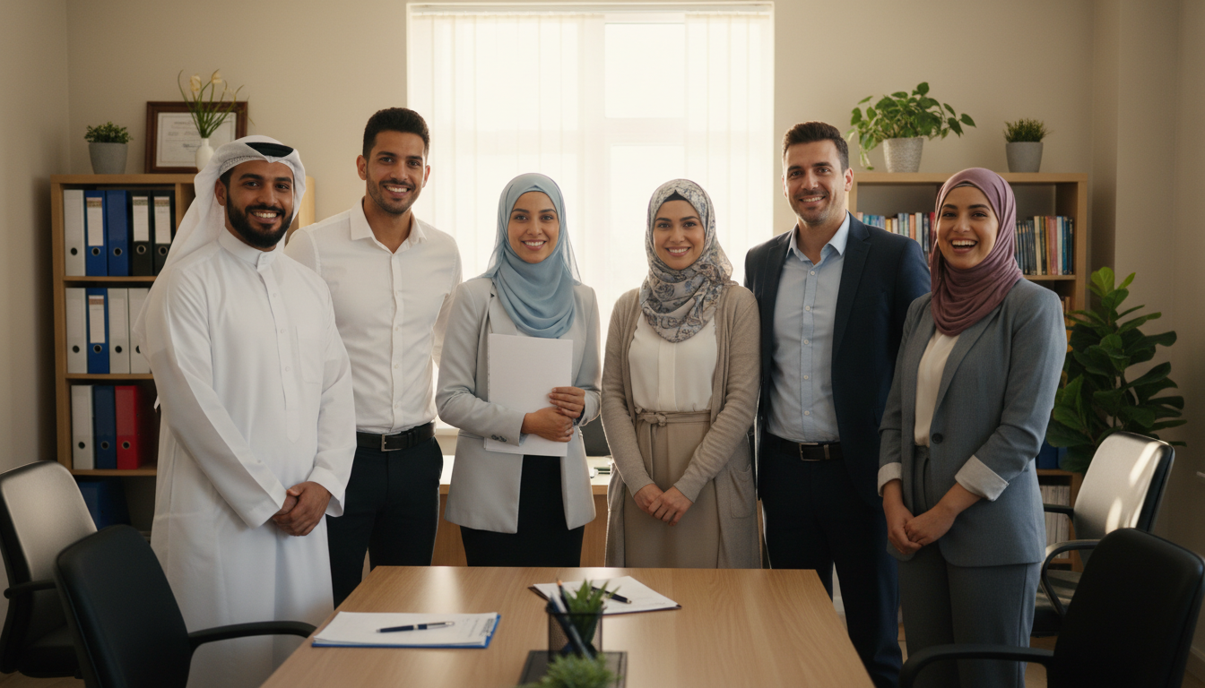 The staff team gathered in the office